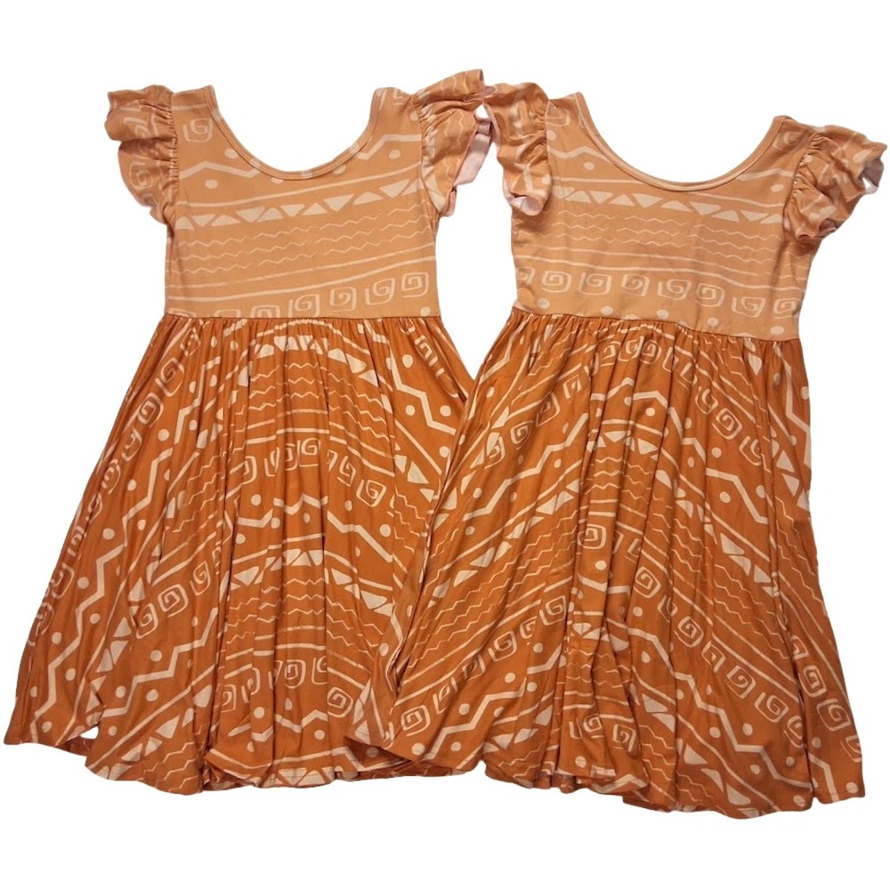 2 Dot Smile Girls Burnt Orange 7 Aztec Empire Twirl Dress Flutter Sleeve Twins